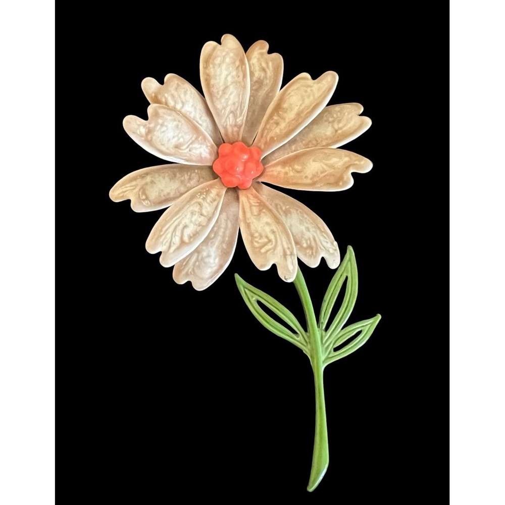 Vintage Enamel Daisy Flower Brooch Tan Green Orange Mid Century Floral Pin
